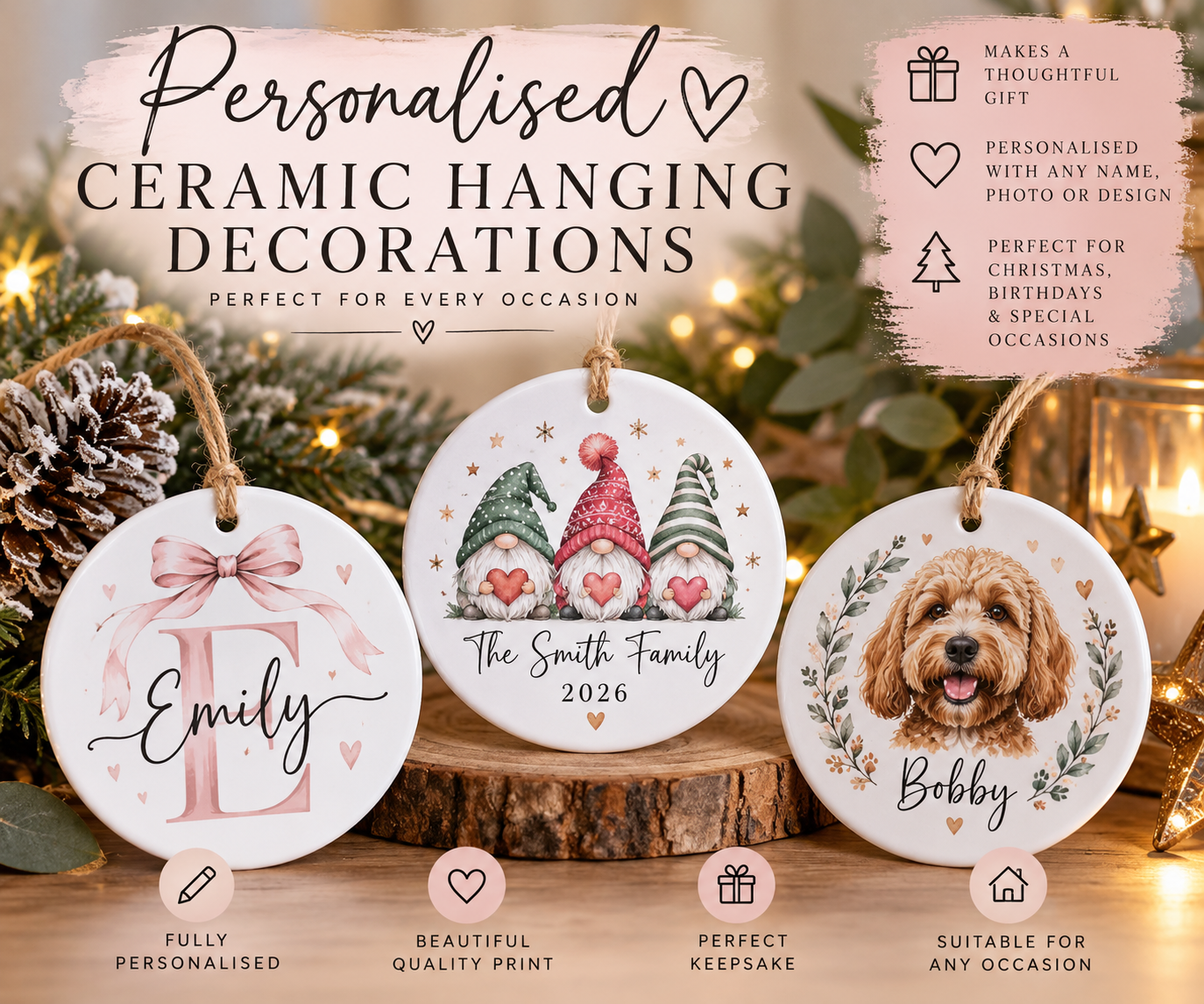 Personalised Ceramic Hanging Decorations – Custom Name, Photo & Design Keepsakes